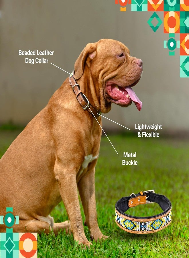 ADIL'S Beaded Leather Dog Collar 1.5 Inch Width, for Small, Medium & Large Dogs, Hand Tooled Adjustable Beaded Dog Collars with Strong Metal Buckle & D-Ring, Size: S,Natural - Image 3